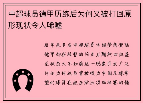 中超球员德甲历练后为何又被打回原形现状令人唏嘘