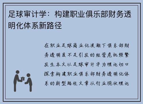 足球审计学：构建职业俱乐部财务透明化体系新路径