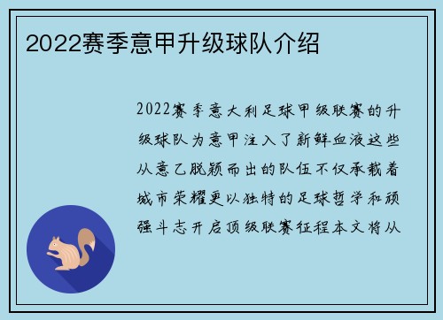 2022赛季意甲升级球队介绍